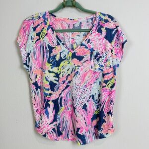 Lilly Pulitzer Rollins Sunken Treasure Linen V-Neck Short Sleeve Top S